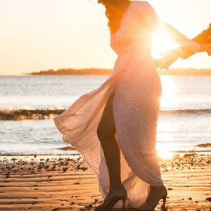 Beautiful Pleated Plunge Wrap Wedding Dress in Sequin